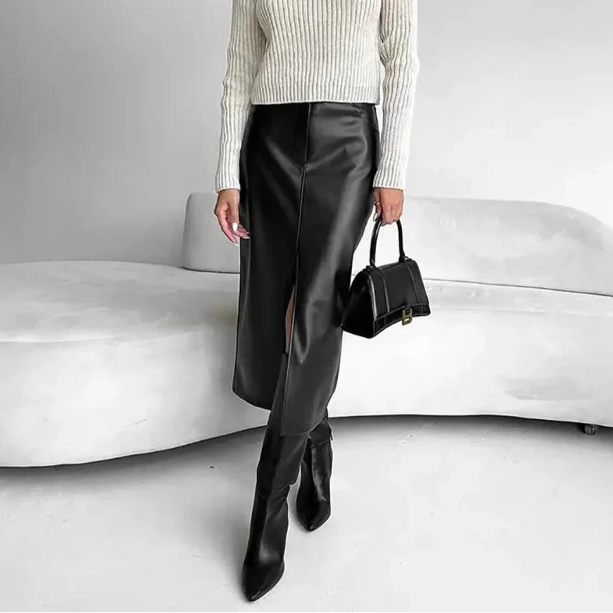 Aysha חצאית דמוי עור גבוהה עם שסע קדמי